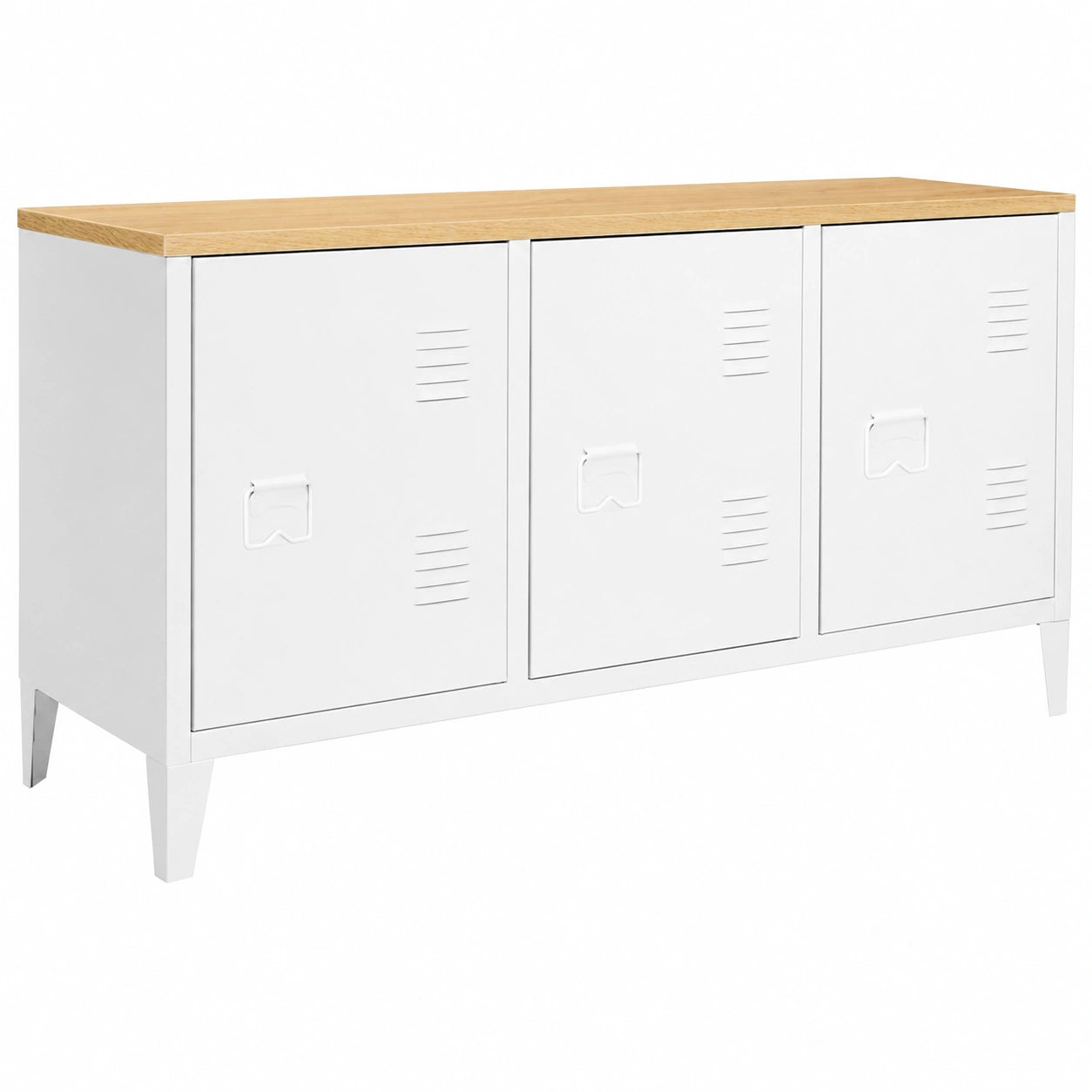 Buffet bas industriel 3 portes blanc avec plateau en bois 113 cm