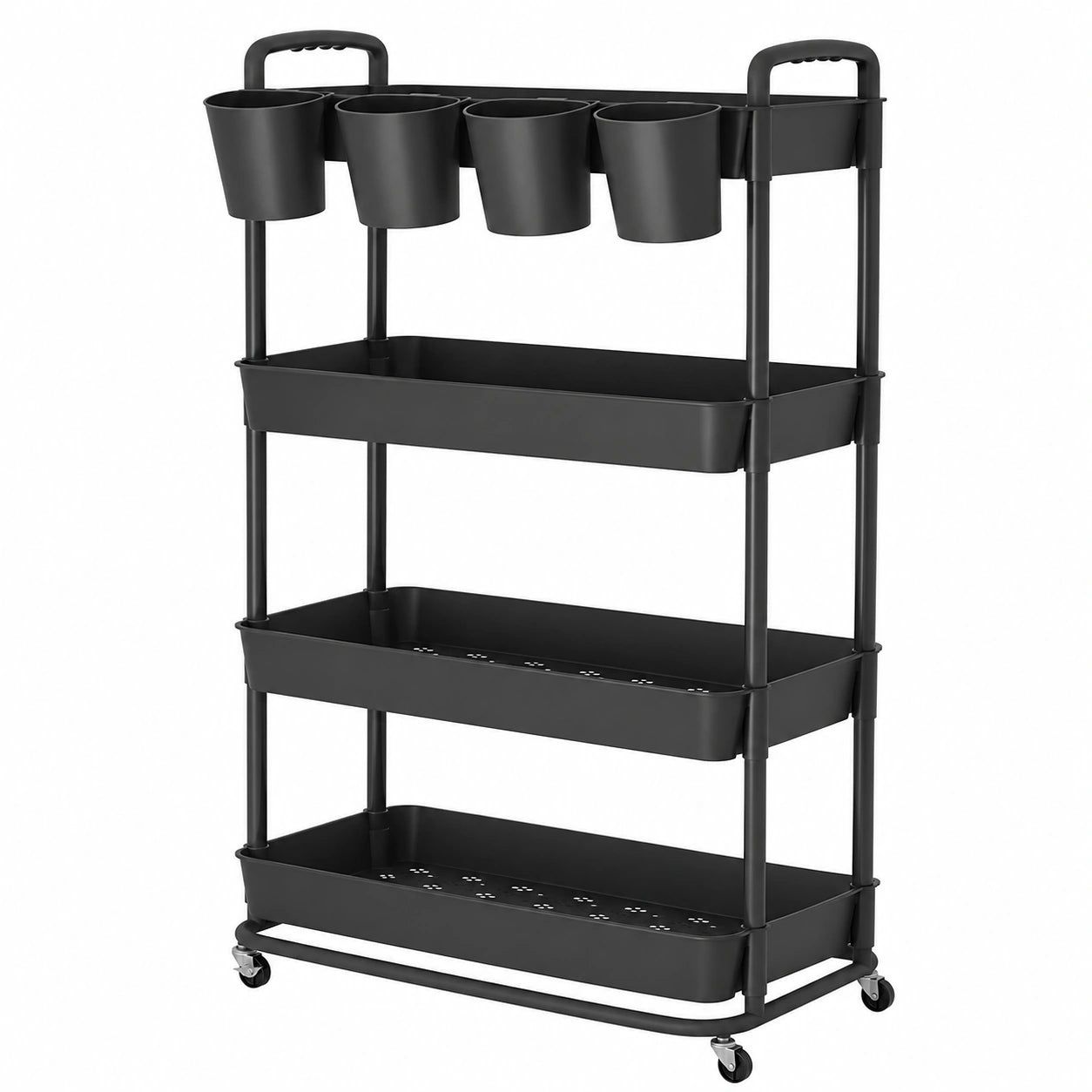 Chariot de rangement à 4 niveaux avec roulettes verrouillables et accessoires