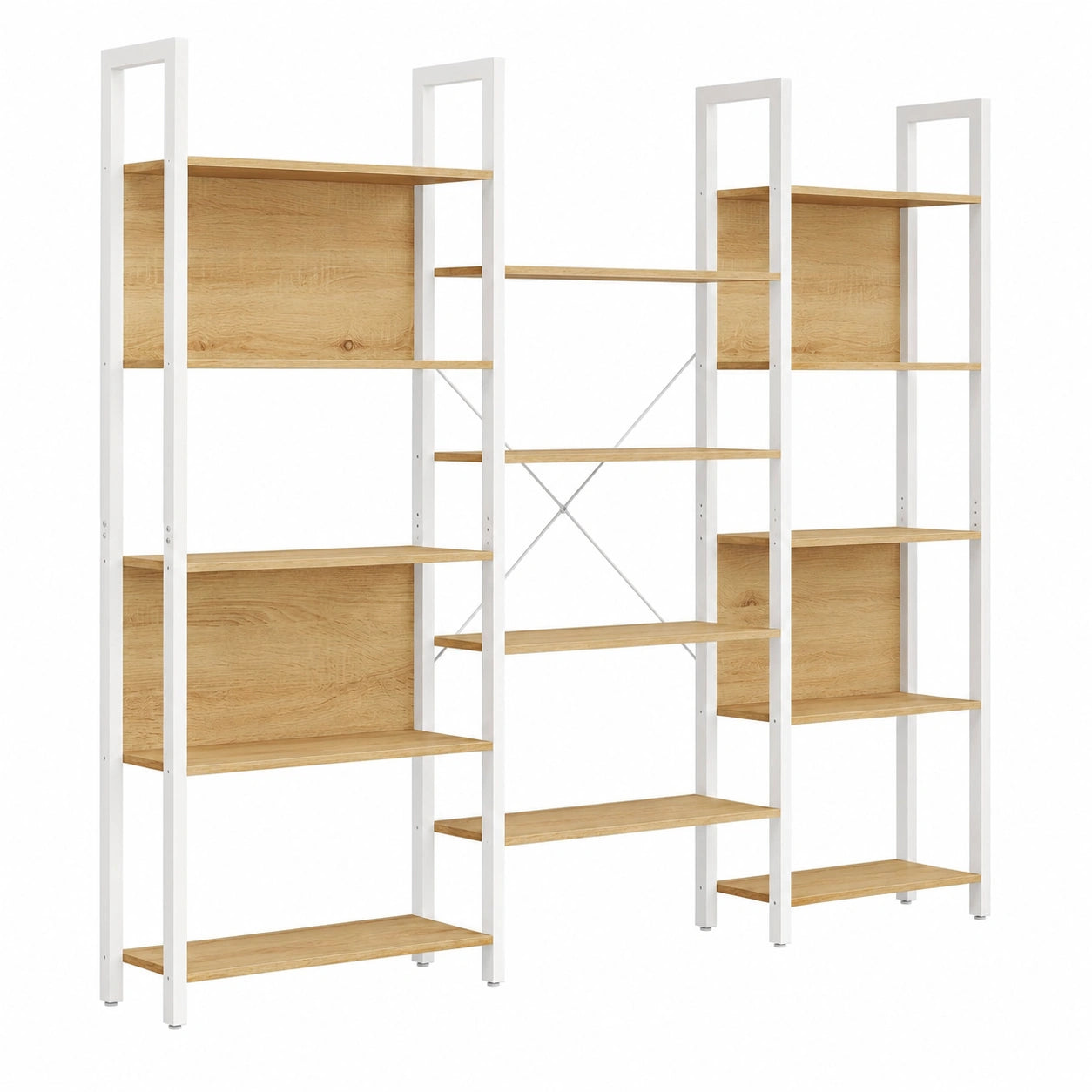 Grande étagère de rangement industrielle en bois et métal, 14 niveaux, chêne doré et blanc