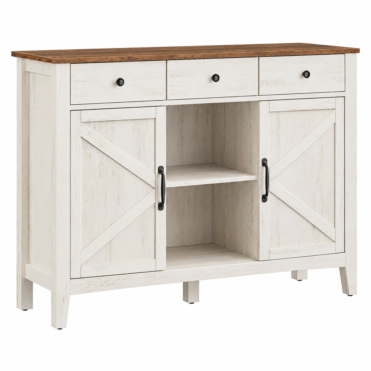 Buffet de Cuisine avec Tiroirs et Portes, Étagère Ajustable, Style Campagnard, Blanc et Marron